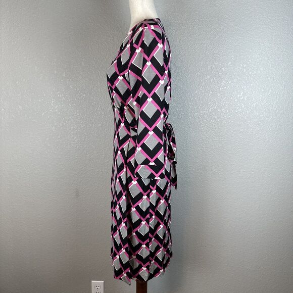 Diane Von Furstenberg Julian Two Wrap Dress Size 12 Square Tips Pink Black Silk - Picture 3 of 10